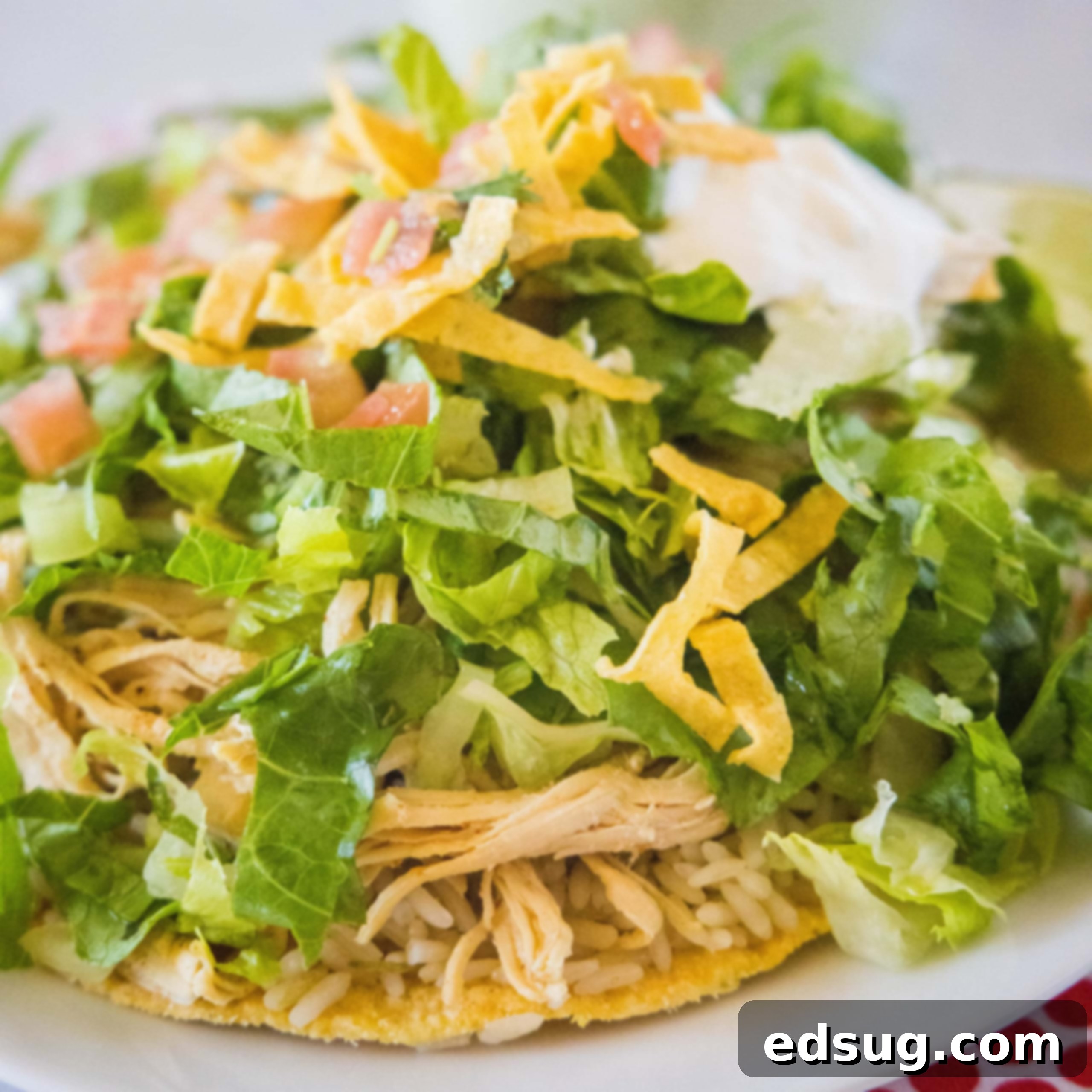 A close-up of a delicious Cafe Rio Chicken Tostada, loaded with fresh ingredients.