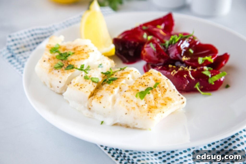 Quick and Easy Baked Cod 4 Easy Baked Cod - an easy oven baked cod recipe that is lightly seasoned and topped with melted butter! Served with Harvard Beets for a delicious meal.