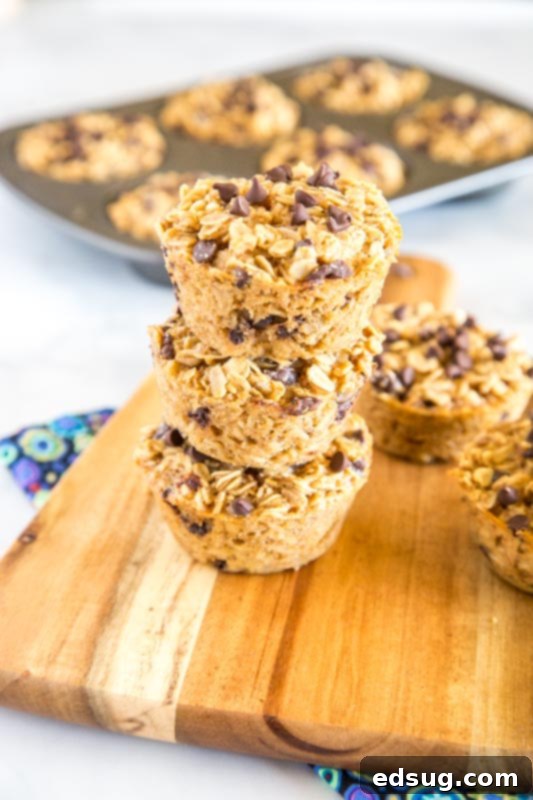 Grab-and-Go Oatmeal Cups 4 Single serve baked oatmeal in muffin cups. Make with chocolate chips and lots of recipe variation ideas