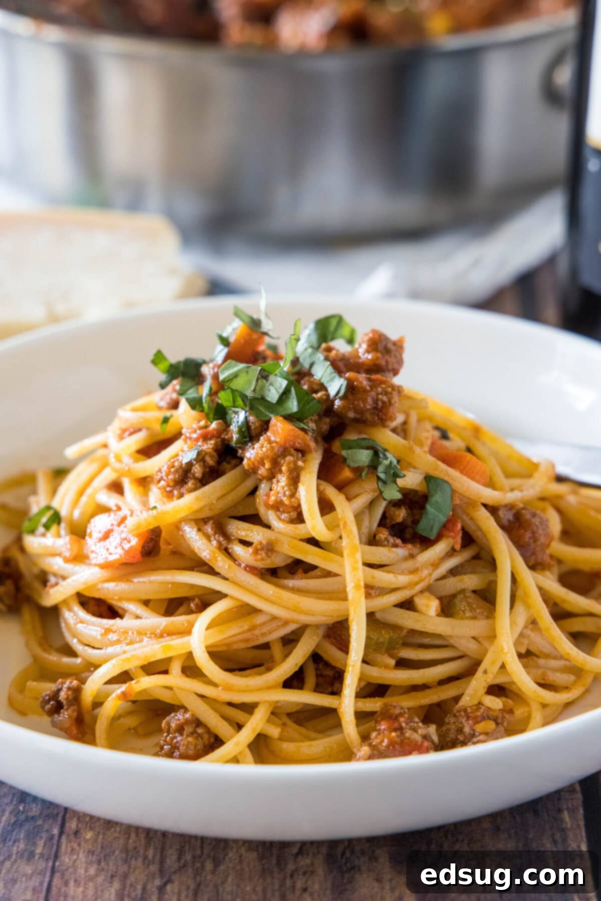 A beautifully plated dish of authentic Italian beef ragu served over spaghetti in a white bowl, garnished with a sprig of fresh basil.