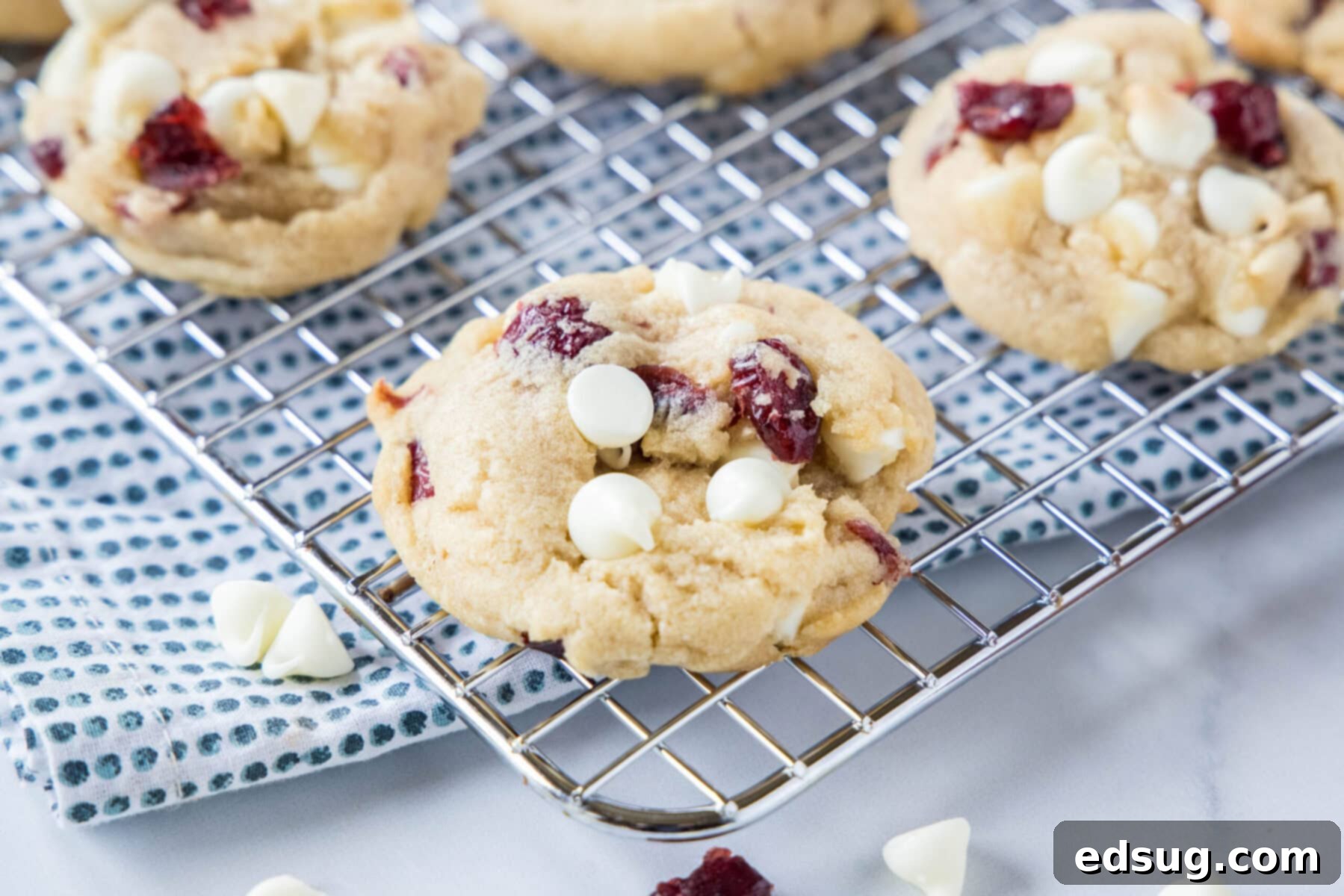 White chocolate cranberry cookies have crisp edges and soft, gooey centers, with tangy fruit, sweet white chocolate, and almond extract. White chocolate cranberry cookies cooling on a wire rack