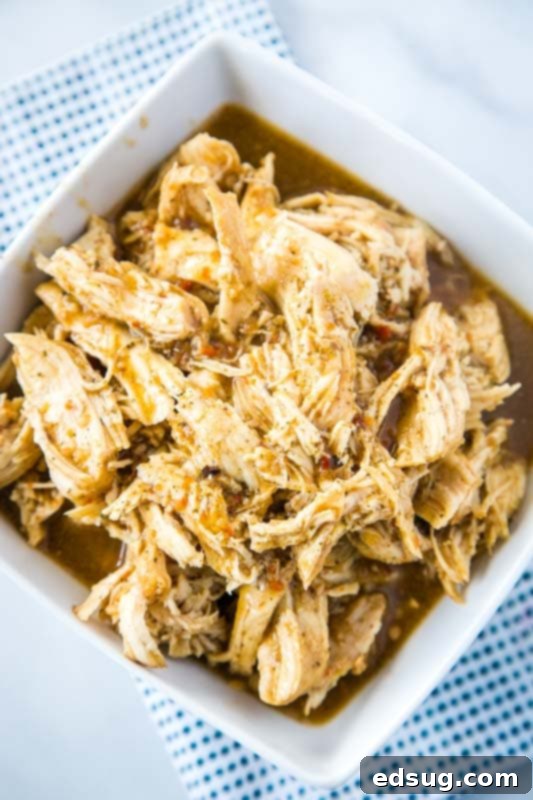 Homemade cafe rio shredded chicken in a bowl, ready to be served.