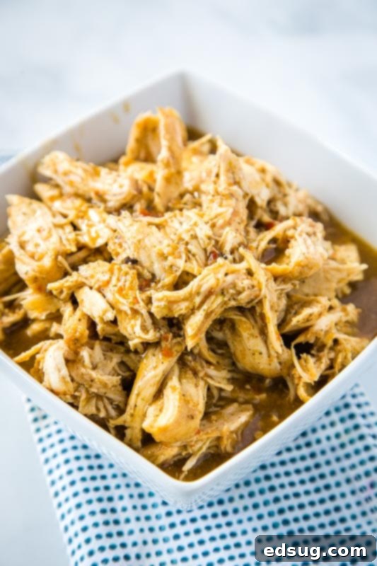 Mexican shredded Chicken made in the Instant Pot, showing its juicy texture.