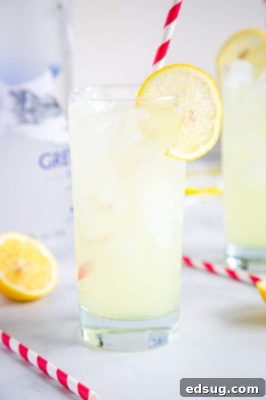 Refreshing Vodka Lemonade 2 Close-up of a refreshing lemonade and vodka cocktail garnished with a lemon slice and mint sprig, ready for summer