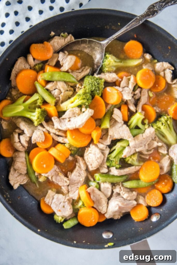 looking down on a skillet with pork and veggies in it