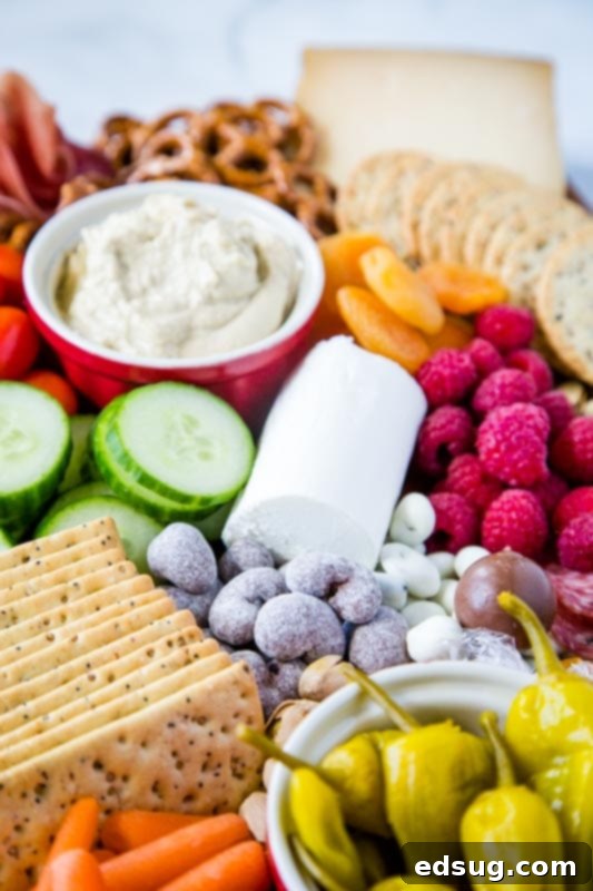 Goat cheese, crackers, nuts, hummus on snack board
