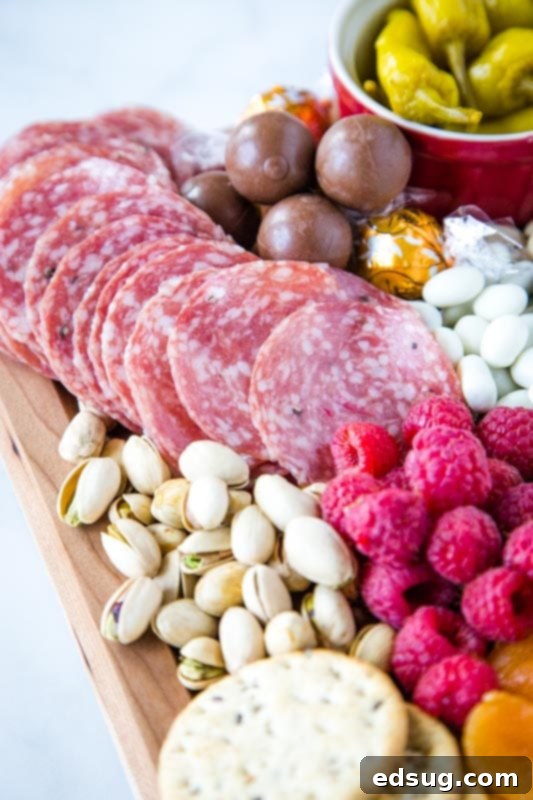 Italian dry salami, raspberries, pistachios on snack board