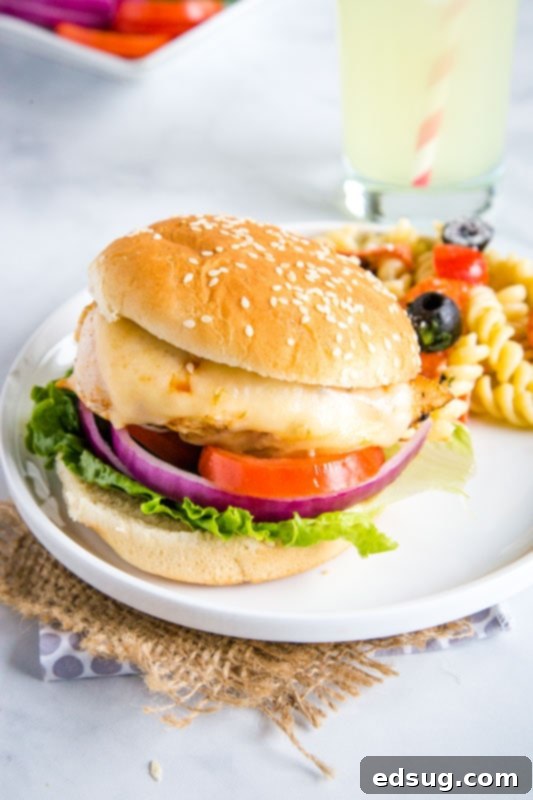 Signature Grilled Chicken Sandwich 3 Close-up of a grilled chicken sandwich featuring melted cheese, crisp lettuce, and fresh tomatoes