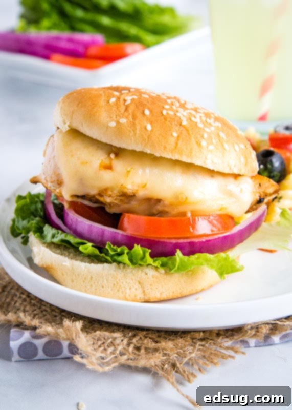 Signature Grilled Chicken Sandwich 5 Fully assembled grilled chicken sandwich with cheese, lettuce, tomatoes, and onions on a bun