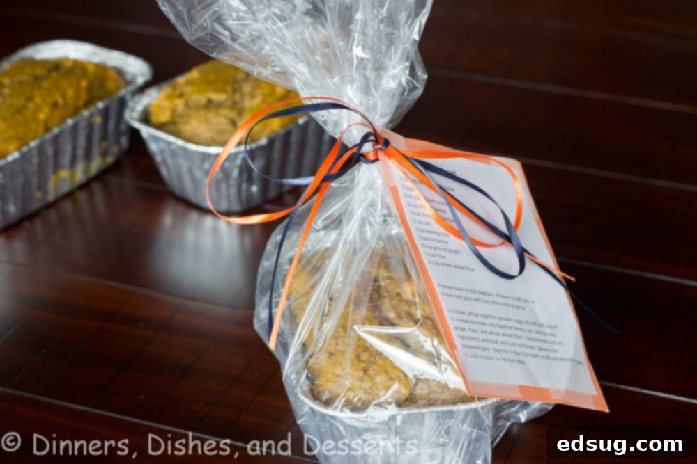 Gifting Mini Pumpkin Biscoff Loaves Four mini loaves of pumpkin biscoff bread, individually wrapped with ribbons for gifting