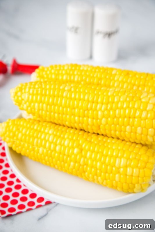 Easy Instant Pot Corn on the Cob 5 Fresh corn on the cob cooked in the Instant Pot sitting on a white plate, glistening with melted butter.