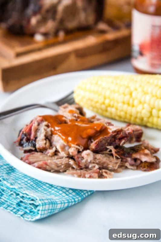 smoked pulled pork with bbq sauce on plate with corn on the cob