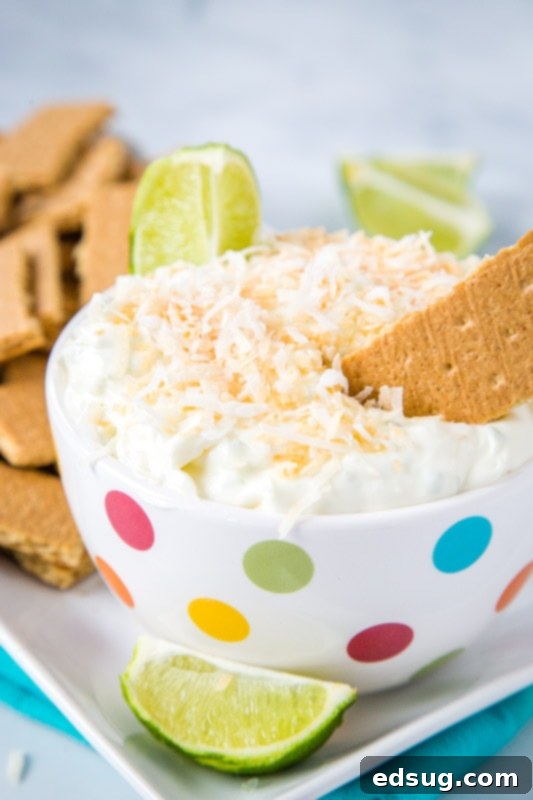 key lime cheesecake dip in a bowl with graham crackers next to it, ready to be enjoyed.