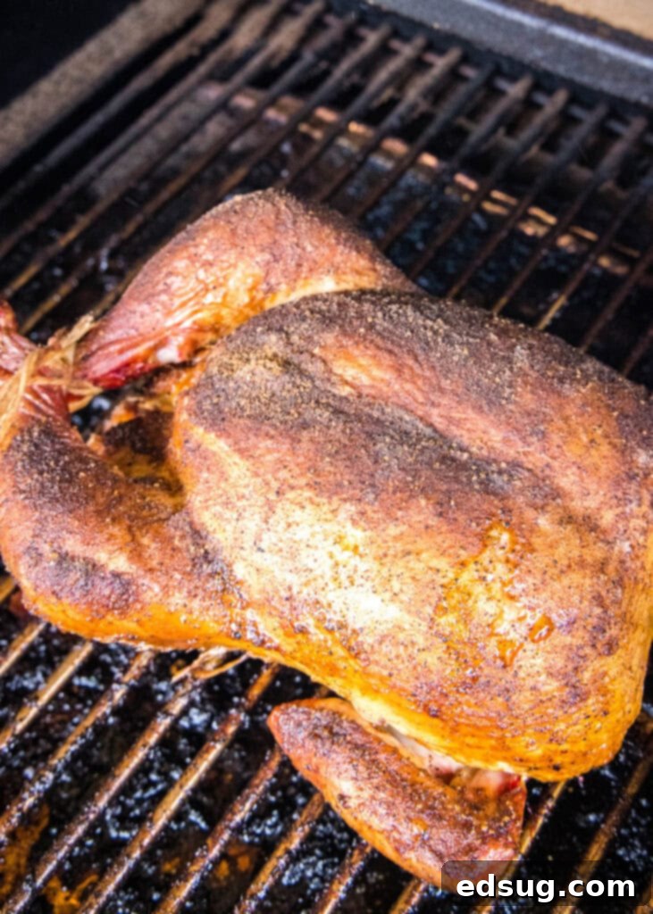 Smoked Chicken Perfection 4 A whole chicken smoking on the grates of a smoker, with visible smoke