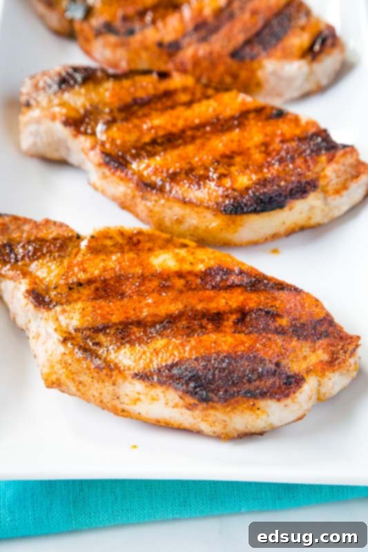 Sizzling Pork Chops 2 Perfectly seasoned grilled pork chops arranged on a pristine white plate, ready to be served.