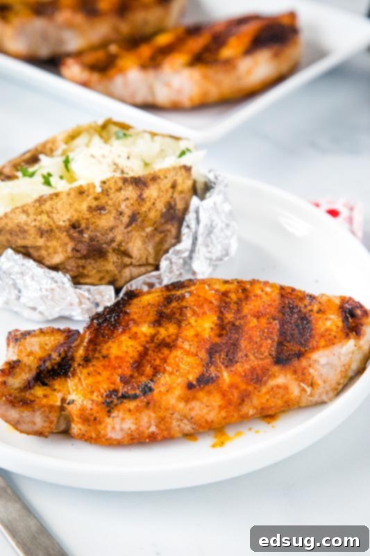 Sizzling Pork Chops 3 Delicious grilled boneless pork chop served on a white plate alongside a fluffy baked potato, highlighting a perfect summer meal.