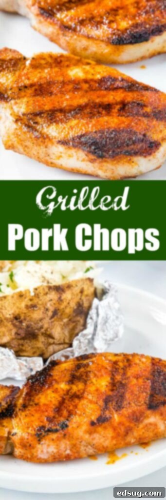 Sizzling Pork Chops 6 Close-up vertical shot of multiple grilled pork chops, perfectly cooked and arranged on a white serving plate, emphasizing their succulence and crispy edges.