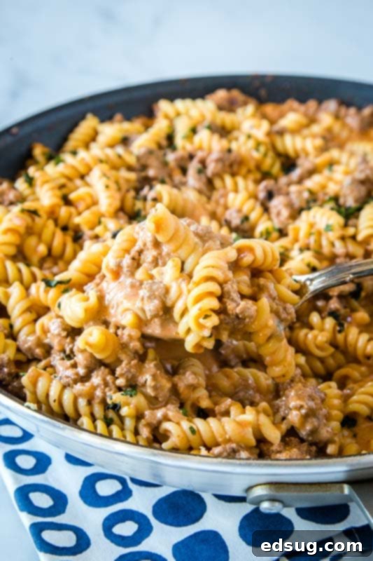 Velvety Beef Pasta 3 A large skillet filled with creamy beef pasta, garnished and ready to serve