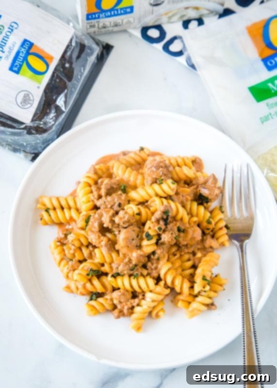 Velvety Beef Pasta 4 Ingredients for creamy beef pasta including ground beef, pasta, cream cheese, and mozzarella