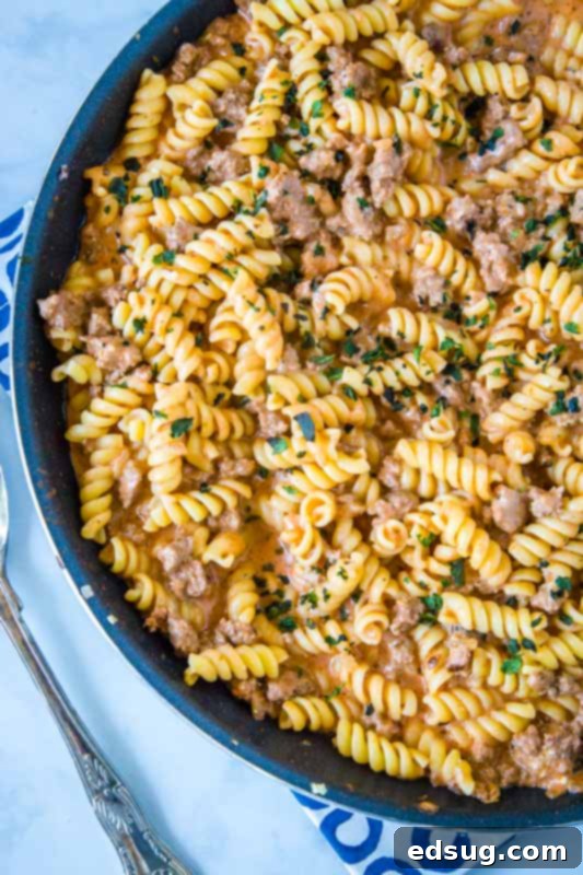 Velvety Beef Pasta 5 A large skillet of creamy beef pasta, garnished and ready to serve