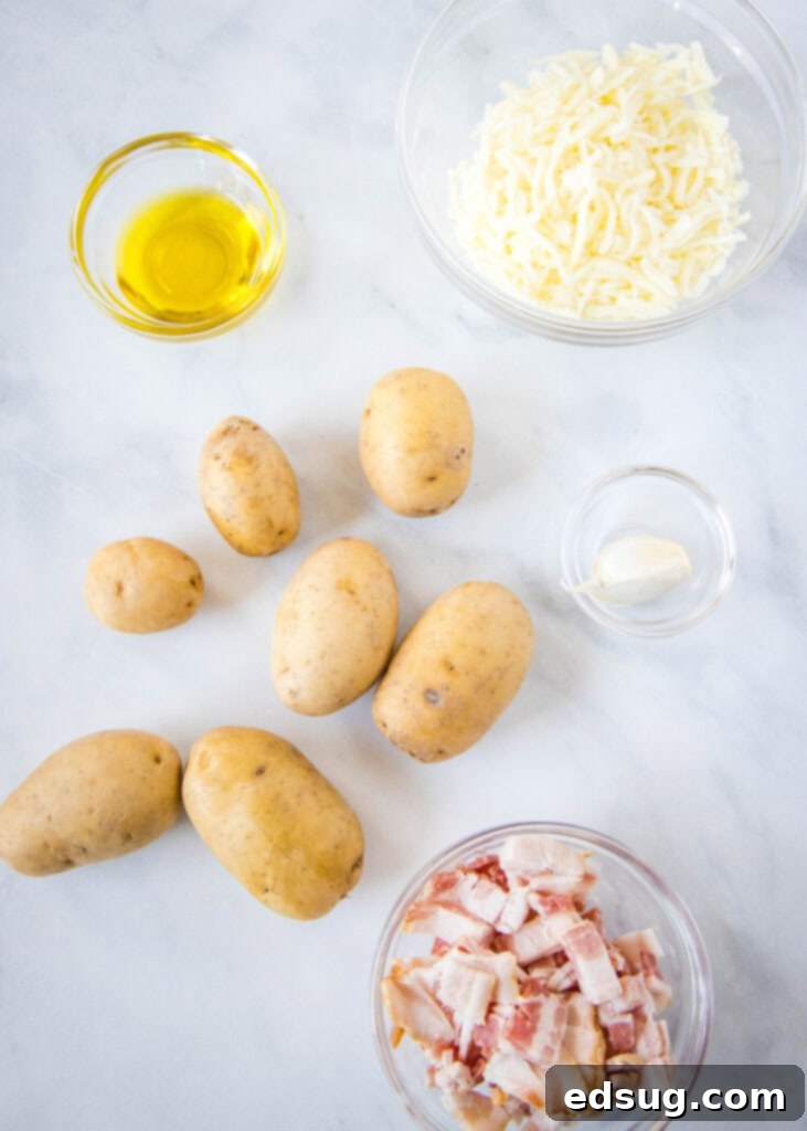 Golden Potato Pizza 4 A vibrant display of fresh ingredients for potato pizza, including small potatoes, garlic, olive oil, bacon, and mozzarella cheese.