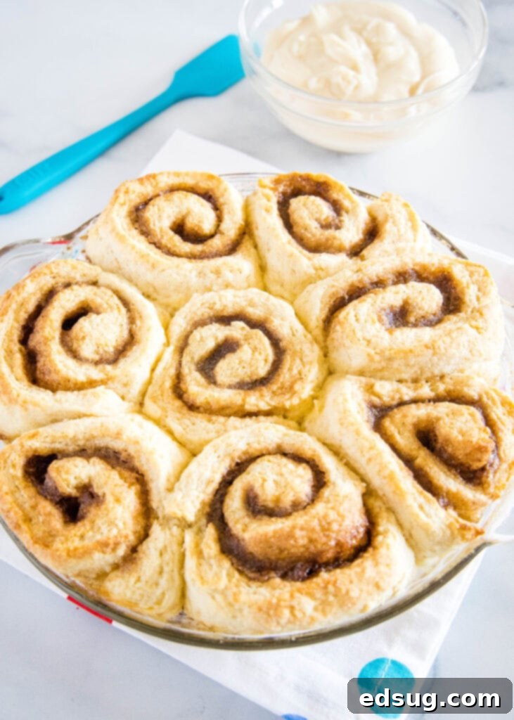Warm Cinnamon Swirls 6 no yeast cinnamon rolls baked and ready for frosting