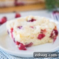 close up cranberry breakfast cake on a white plate