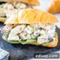 cropped in close up of turkey salad sandwich on a croissant