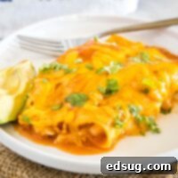 close up of 2 turkey enchiladas on a plate with avocado slices