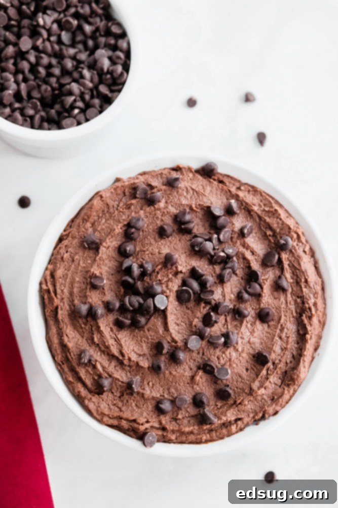 Sweet Chocolate Hummus 5 chocolate hummus in a bowl, garnished generously with chocolate chips, ready to be enjoyed as a sweet dip
