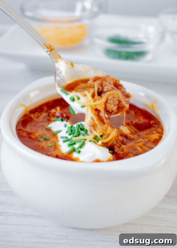 Instant Pot Turkey Chili 6 spoonful of turkey chili next to bowl