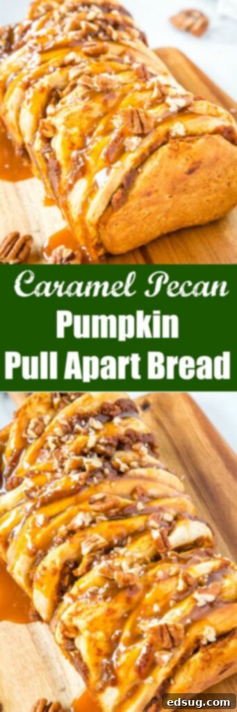 Collage of Caramel Pecan Pumpkin Pull Apart Bread images showing the finished dish and close-ups