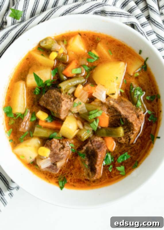 Hearty Instant Pot Beef Vegetable Soup 2 vegetables in beef in a soup in white bowls