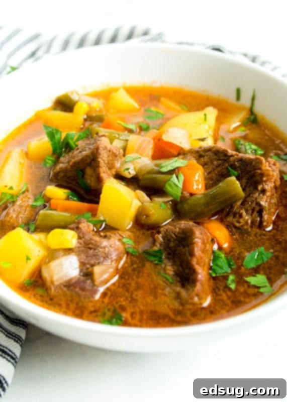 Hearty Instant Pot Beef Vegetable Soup 7 vegetable beef soup in white bowl