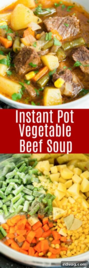 Hearty Instant Pot Beef Vegetable Soup 8 collage of ingredients and finished bowl of vegetable beef soup
