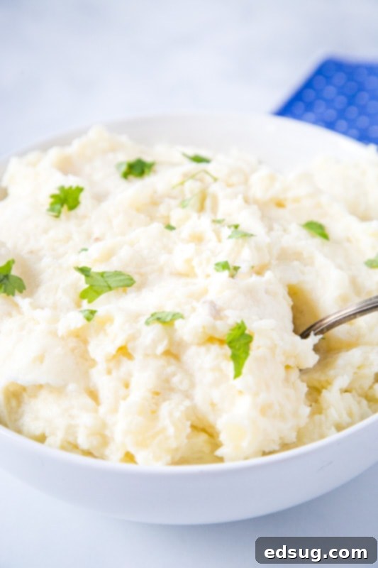 Velvet Smooth Sous Vide Mashed Potatoes 5 mashed potatoes in a bowl with a spoon