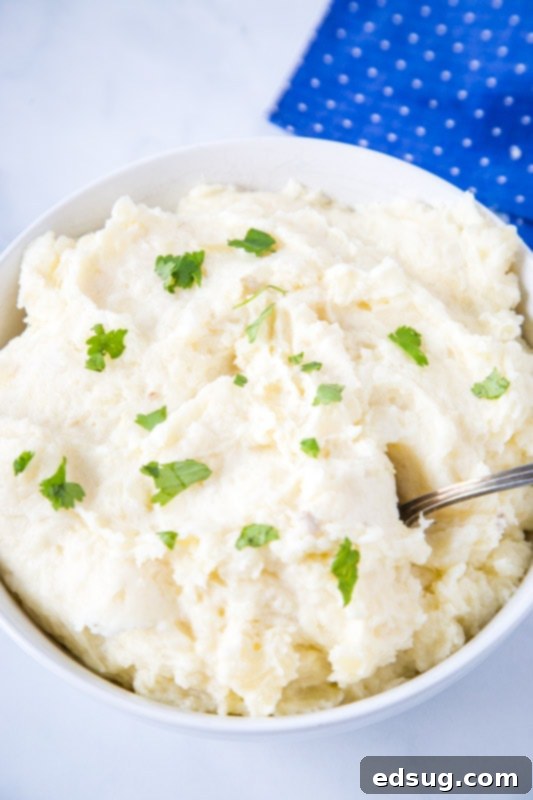 Velvet Smooth Sous Vide Mashed Potatoes 6 looking down on a bowl of mashed potatoes with a spoon in it