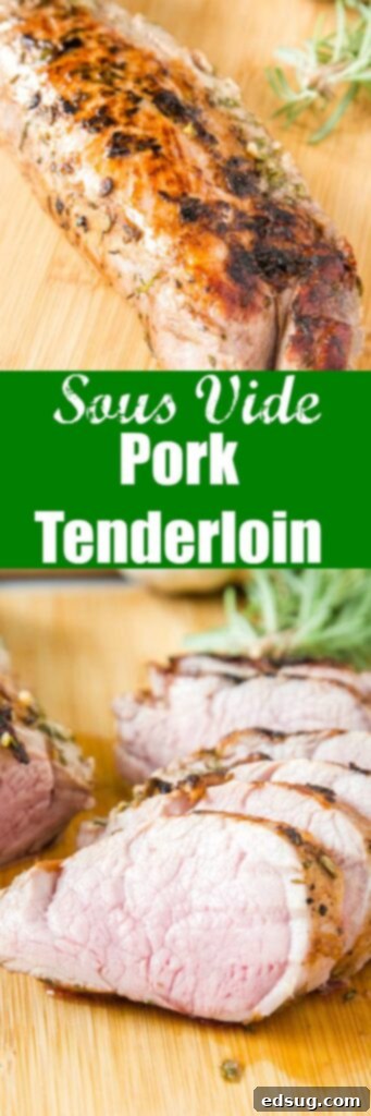 Close up view of perfectly sliced sous vide pork tenderloin on a wooden cutting board