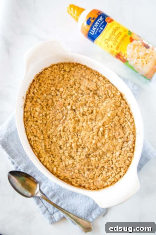 Overhead shot of a square baking dish filled with unbaked pumpkin crisp, showing the smooth pumpkin layer beneath the crumbly streusel topping.