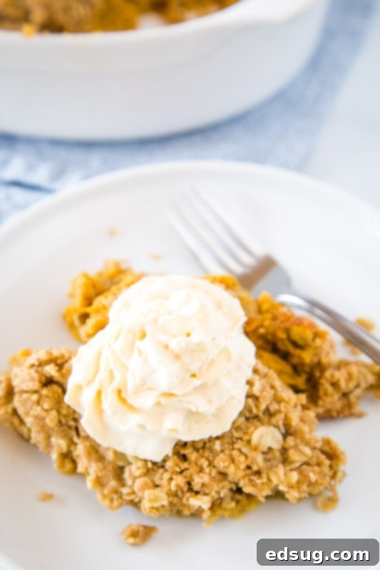 A close-up shot of a plated serving of golden pumpkin crisp, highlighting its distinct layers and appealing texture.