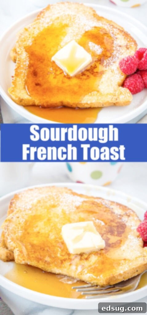 Golden Sourdough French Toast 7 Several slices of golden sourdough french toast stacked on a plate, generously coated with maple syrup.