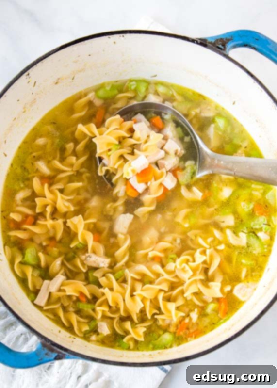 A pot of rich leftover turkey soup simmering on the stove, ready to be served.
