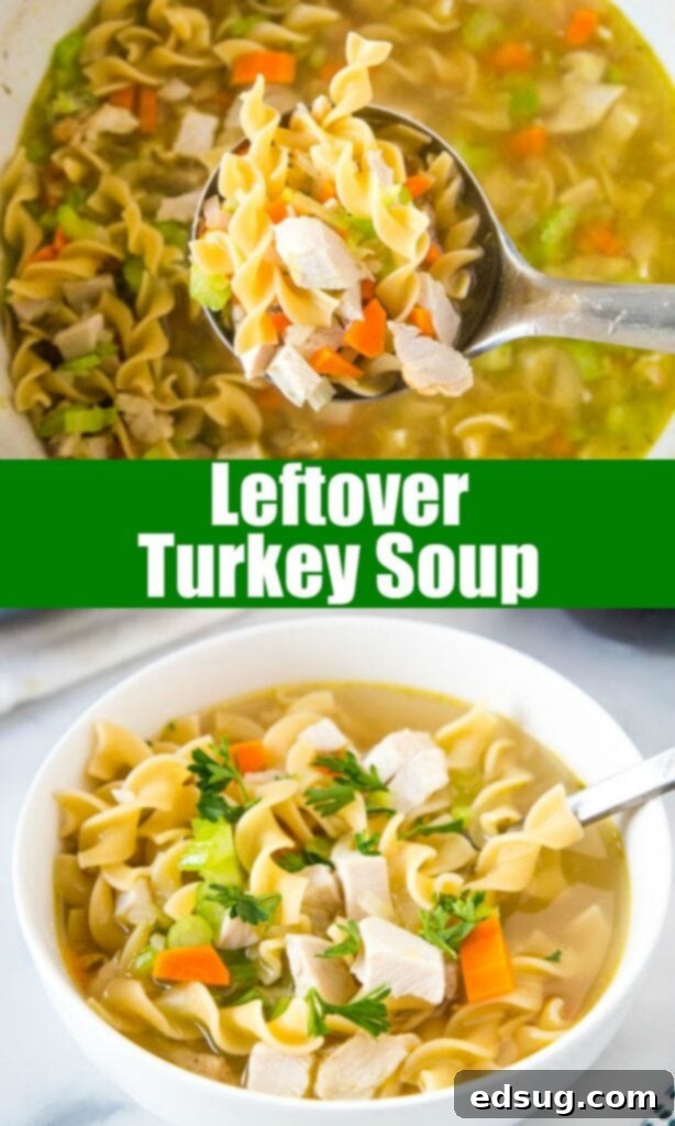 A collage of different views of delicious leftover turkey soup, showcasing its ingredients and warmth.