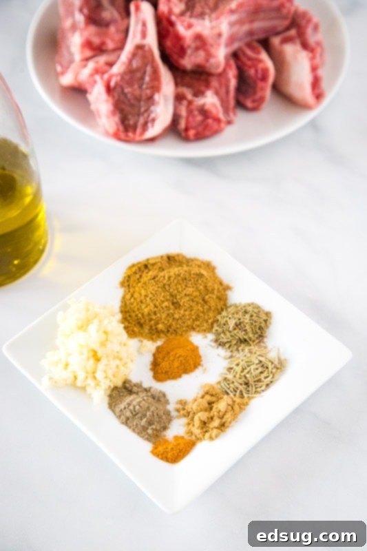 Aromatic Mediterranean spice blend artfully arranged on a plate with raw lamb chops blurred in the background, ready for seasoning.