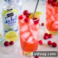 cropped image of cranberry spritzer in glass with fresh cranberries on top
