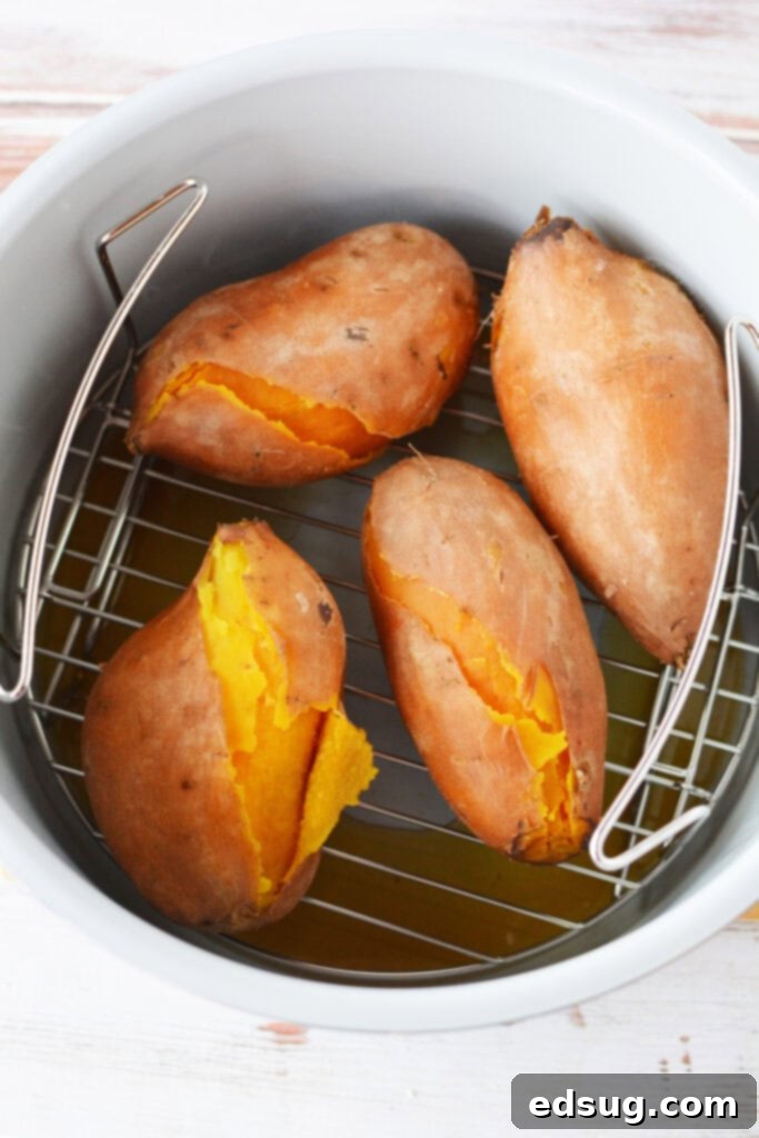 The Easiest Instant Pot Sweet Potatoes 3 Cooked sweet potatoes resting on the rack inside the Instant Pot after steaming