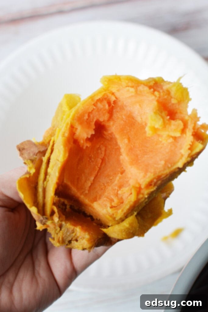 The Easiest Instant Pot Sweet Potatoes 5 A perfectly cooked whole sweet potato, split open and ready to be mashed or topped