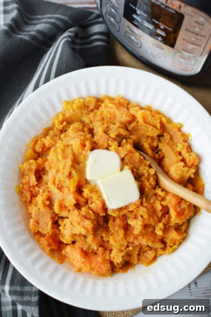 The Easiest Instant Pot Sweet Potatoes 6 Overhead view of a comforting bowl of mashed sweet potatoes, garnished and ready to serve