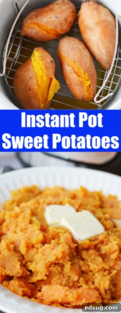The Easiest Instant Pot Sweet Potatoes 7 Pinterest collage featuring various Instant Pot Sweet Potato dishes and preparation steps