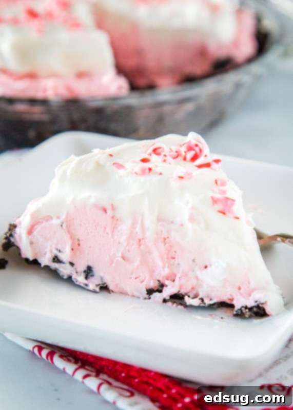 Minter Wonderland Pie 2 A vibrant slice of Candy Cane Pie on a pristine white plate, showcasing its creamy peppermint filling and festive candy cane topping.